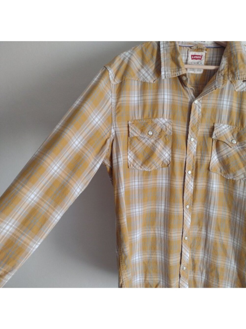 Levi's Mens Western Shirt XL Yellow Plaid Pearl Snap Dual Pocket - Picture 5 of 11